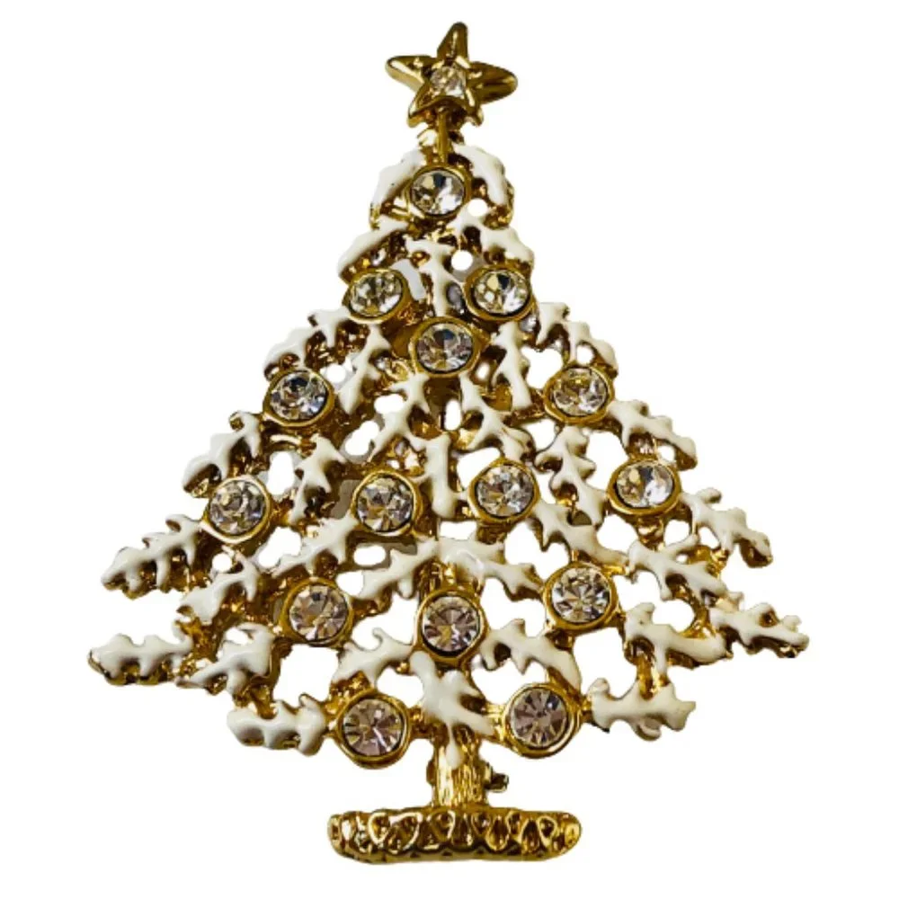 Vintage Christmas Tree Brooch Pin White Enamel & Clear Rhinestones